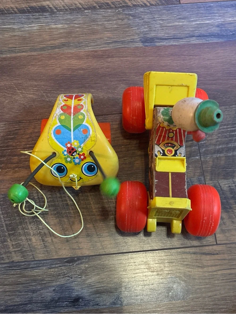 Vtg lot of 2 fisher price pull toys-1965 jalopy & 1974 ladybug